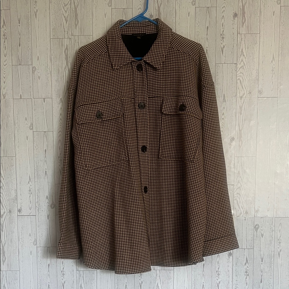 Women’s Anthropologie Brown Checkered Shacket.